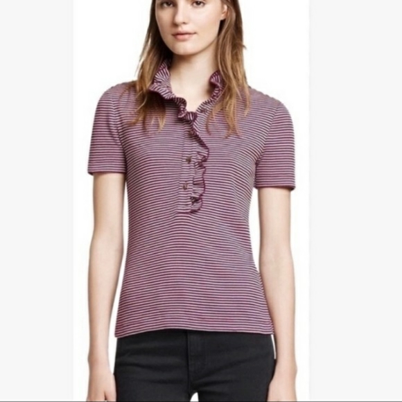 Tory Burch red white stripe ruffle Lidia polo top - Picture 4 of 8